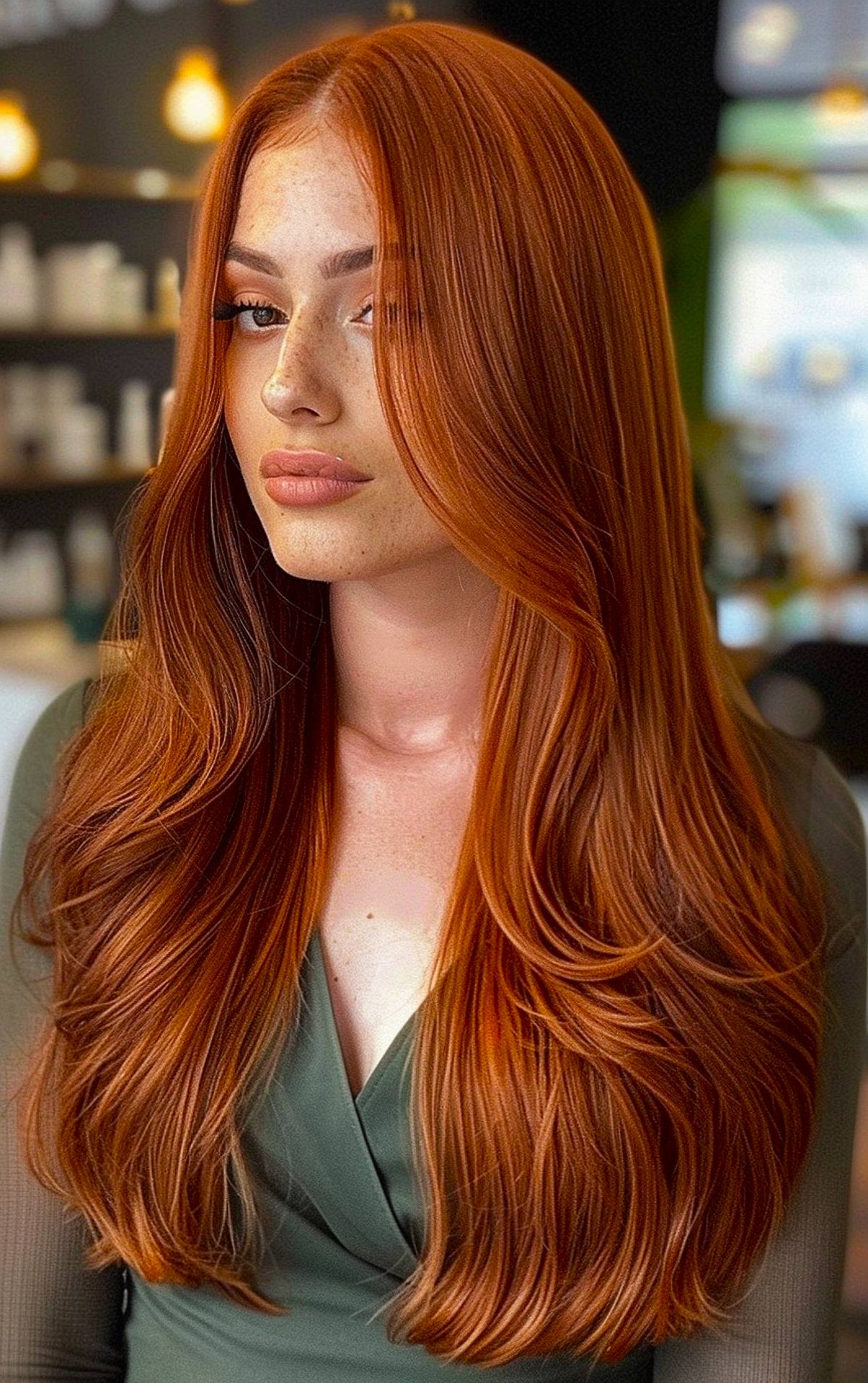 Vibrant copper red long hairstyle with soft layers for thick hair