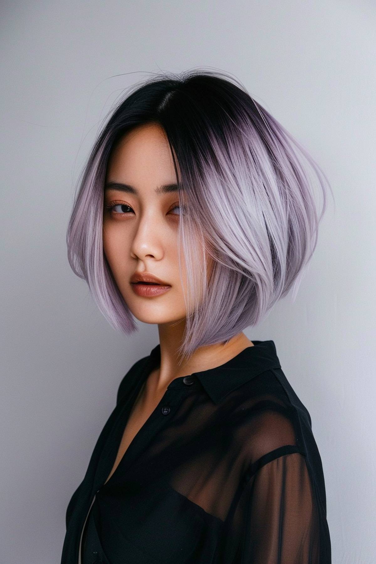 Radiantumbra bob with dark roots transitioning into soft lavender tones and gentle layers 