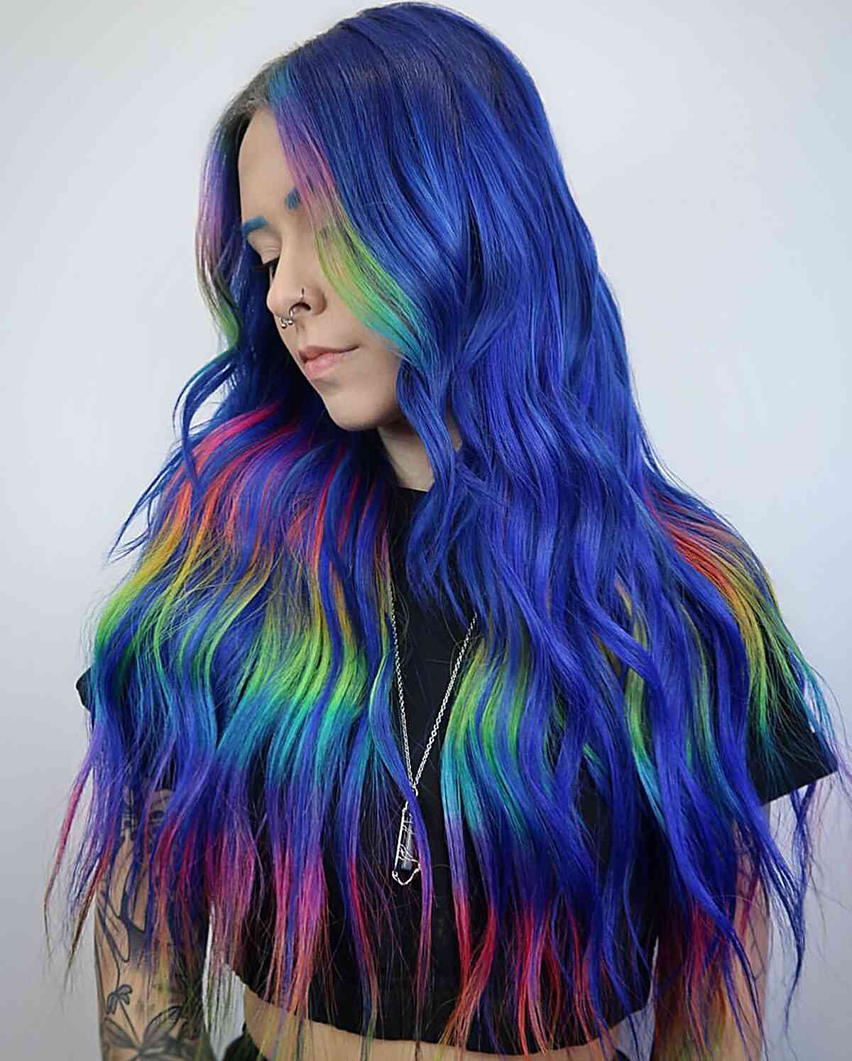 Rainbow Colors on Long Lived-In Hair for women with a creative side 