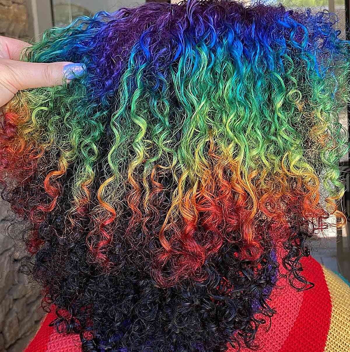 Rainbow Curly Mid-Length Ombre Hair with Black Underneath