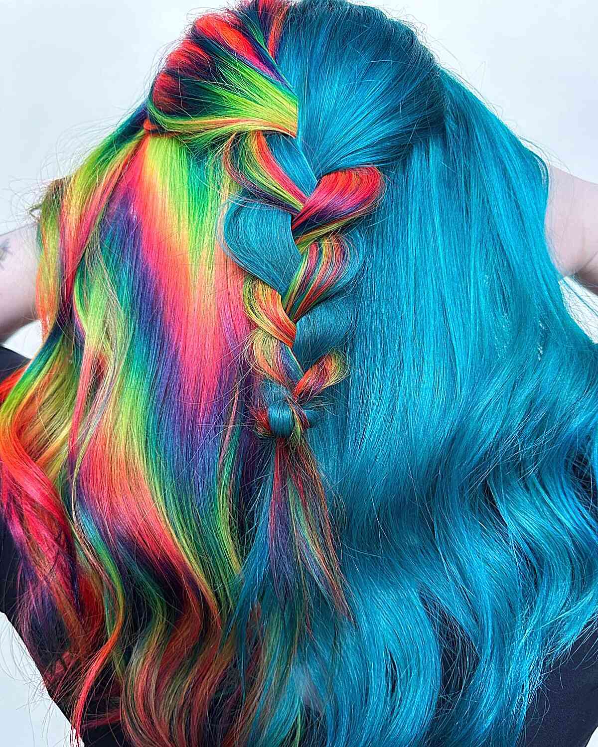 Rainbow Split with half rainbow and half teal hair color