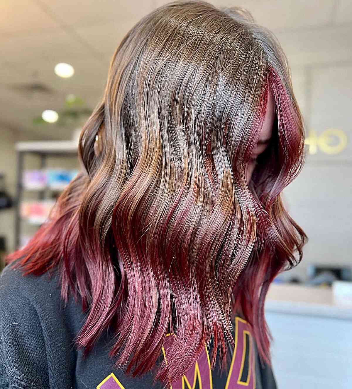 Raspberry Balayage Swirls for Medium-Length Light Brunette Hair
