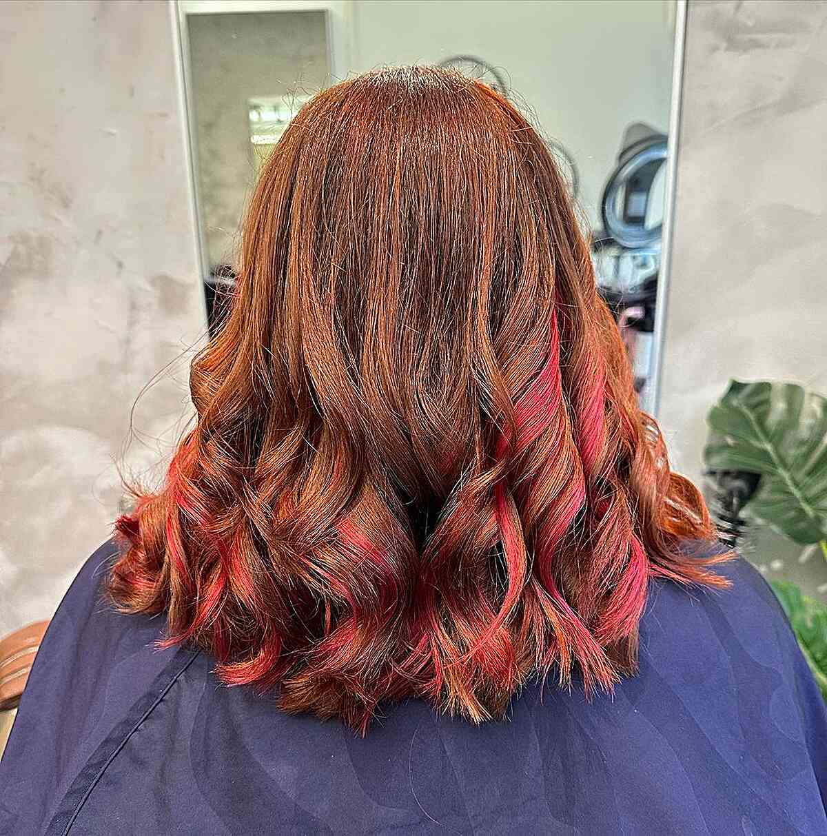 Raspberry Highlights on Copper Brown Hair