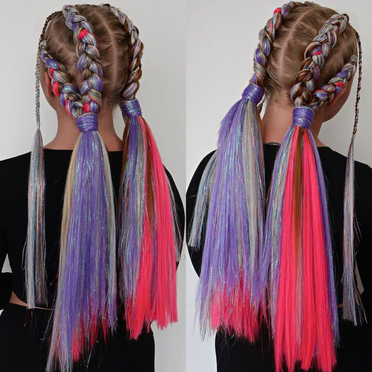 Rave Very Long Braided Low Pigtails with Purple and Pink Hair Tinsels