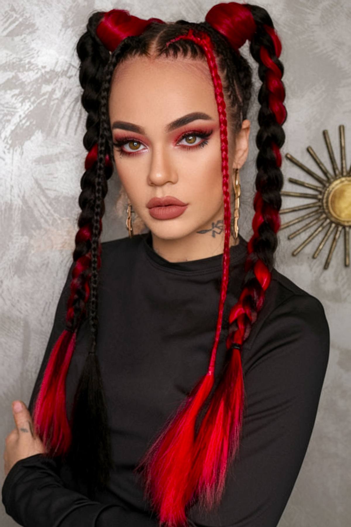 Red and black rave braids with high contrast