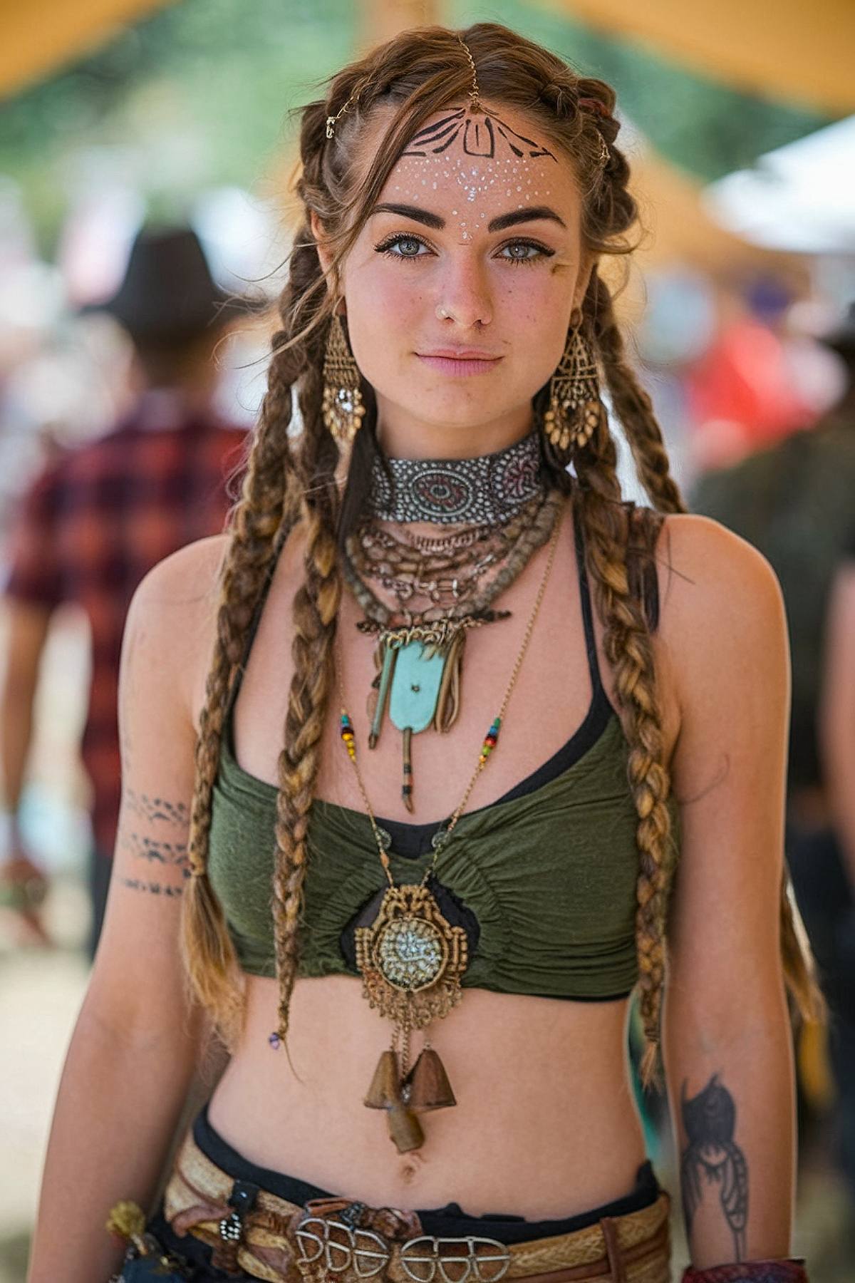 Earth-toned synthetic rave braids with beads for a boho look