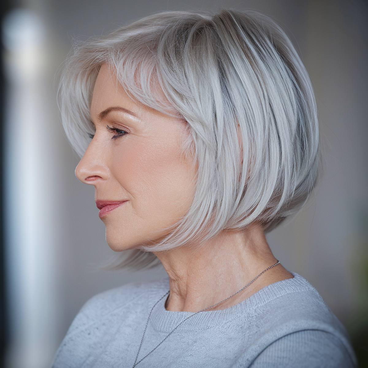 Sleek silver razor-cut bob with soft feathered layers for an edgy yet polished style, perfect for older women