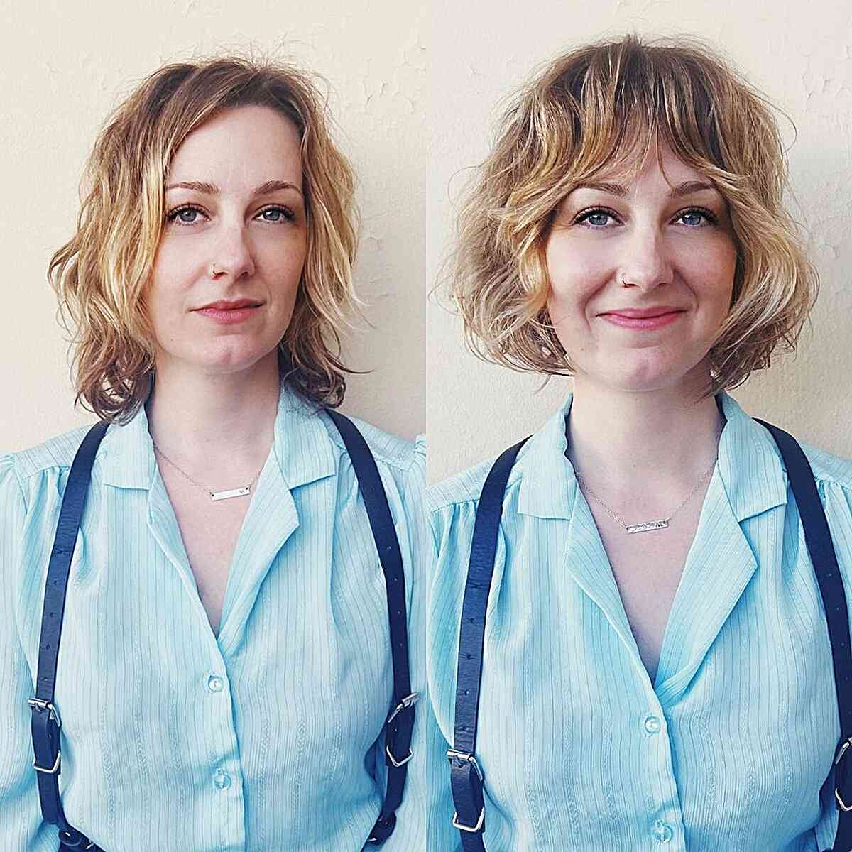 Razor Cut Bob with Natural Face-Framing Waves on women with short lived-in-hairstyle