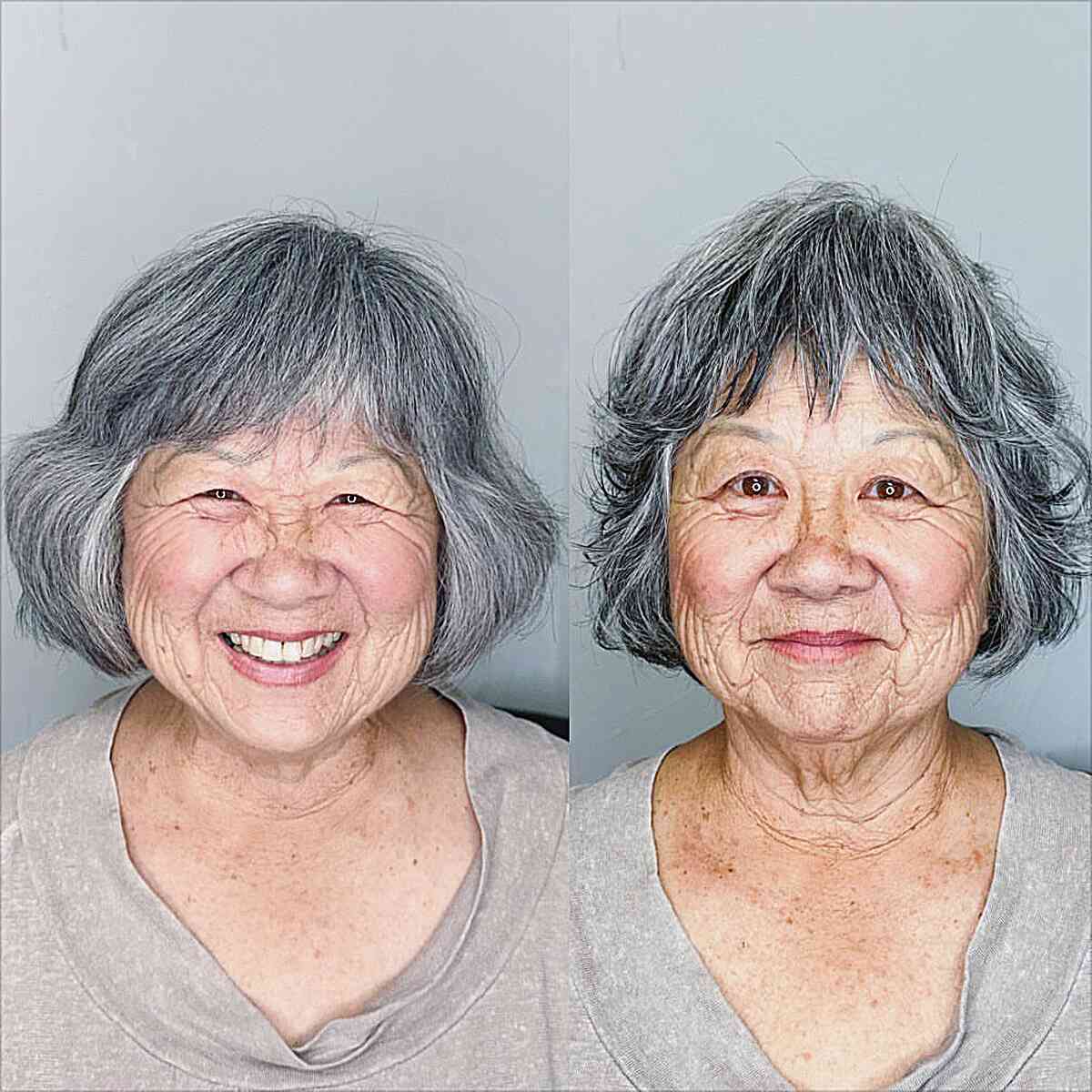 Razor Cut Gray French Bob for Ladies Over Seventy with a radiant smile