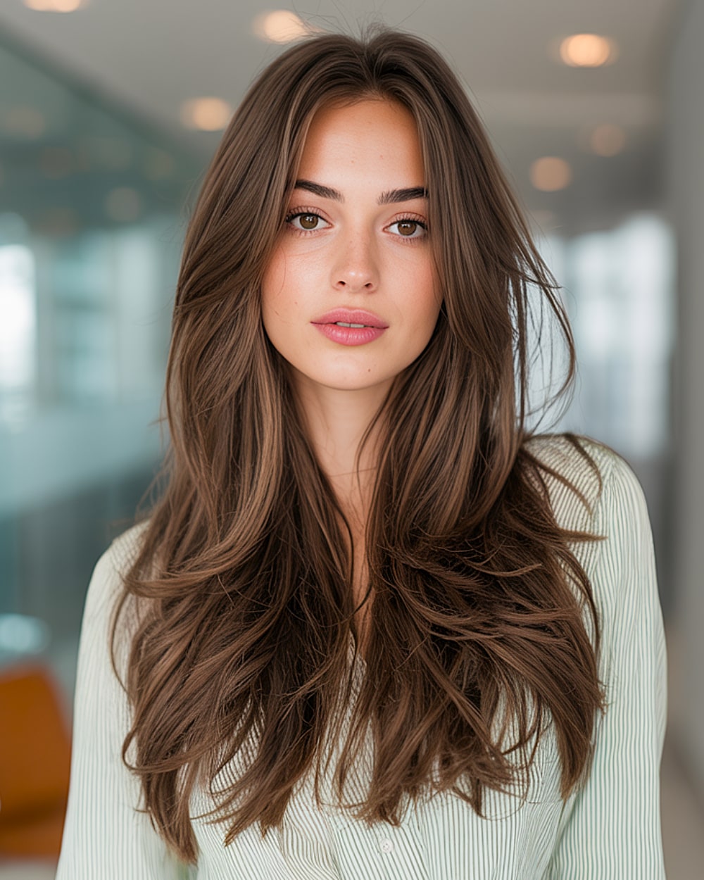 Long brown razor layered hairstyle with soft face-framing and wispy ends