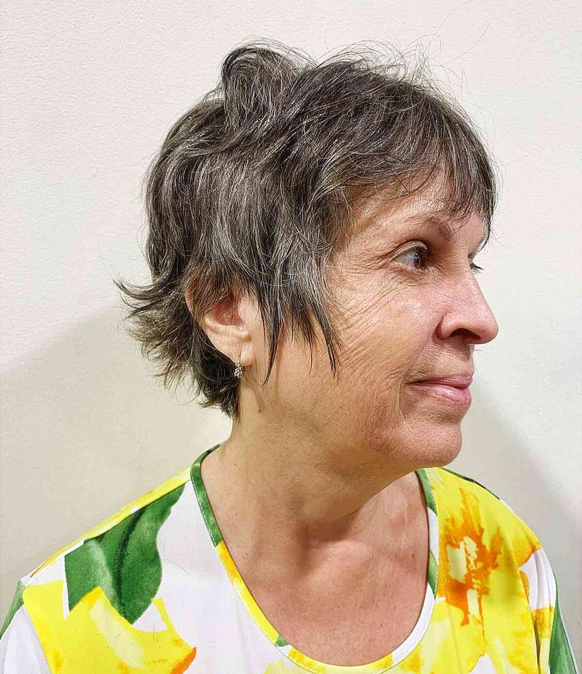 Very Short Razored Pixie Shag Haircut with Soft Messy Texture on Women passed their 60