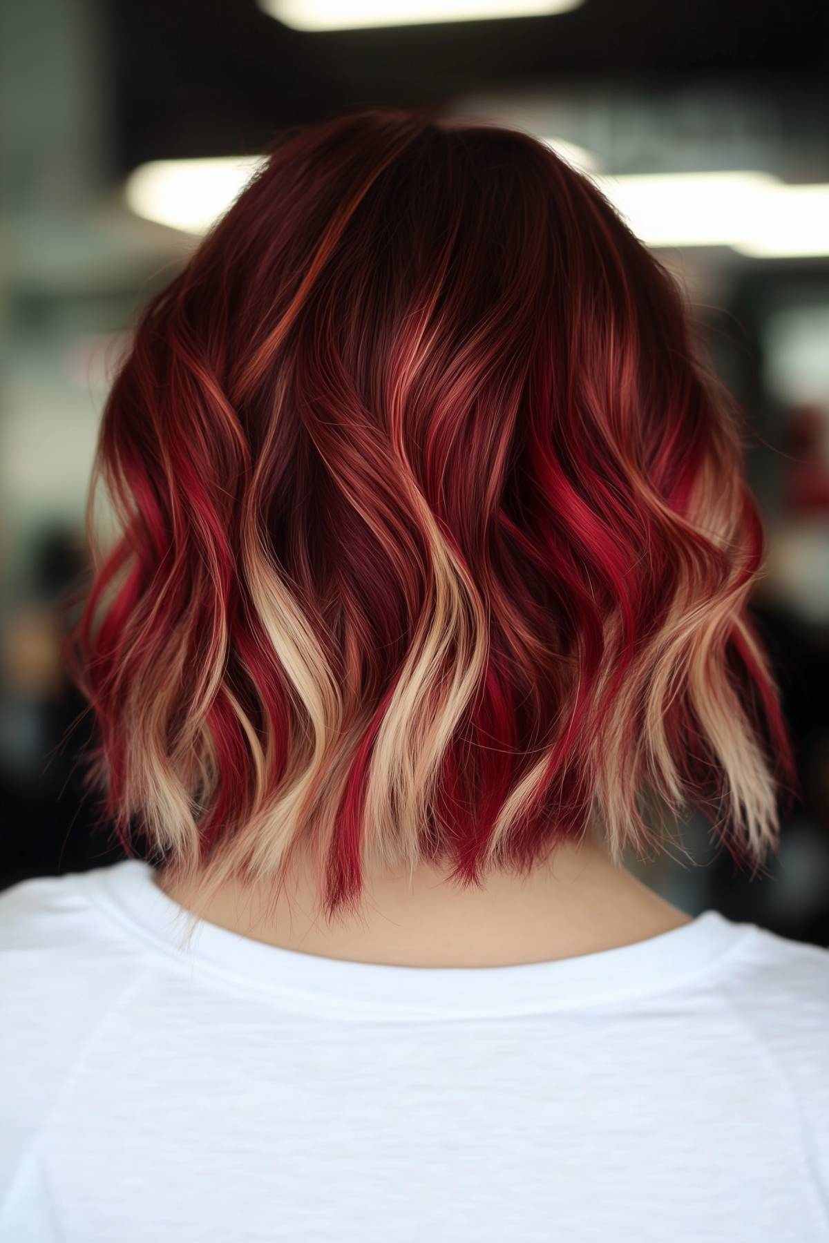 red and blonde hair color peekaboo bob hairstyles with wavy texture and shoulder-length cut