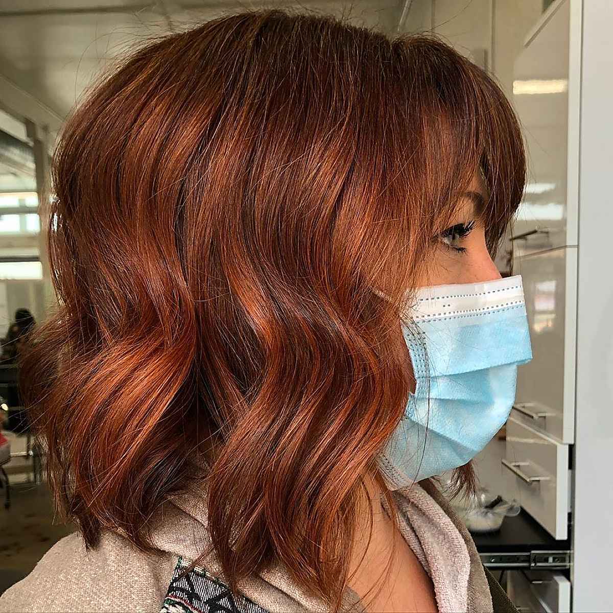 Red Apple Cider Lob with Bangs for mature women