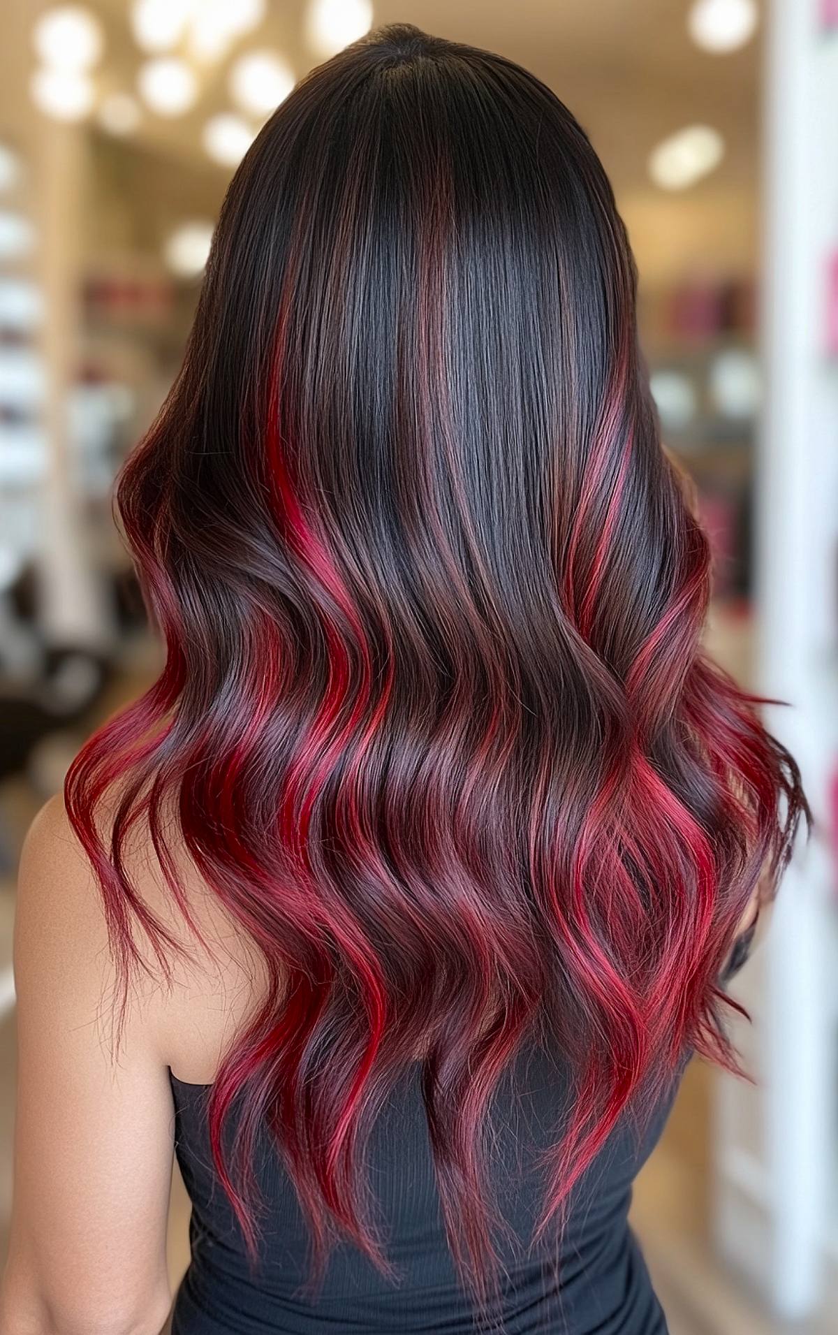 Long wavy hair with dark roots and vibrant red balayage highlights