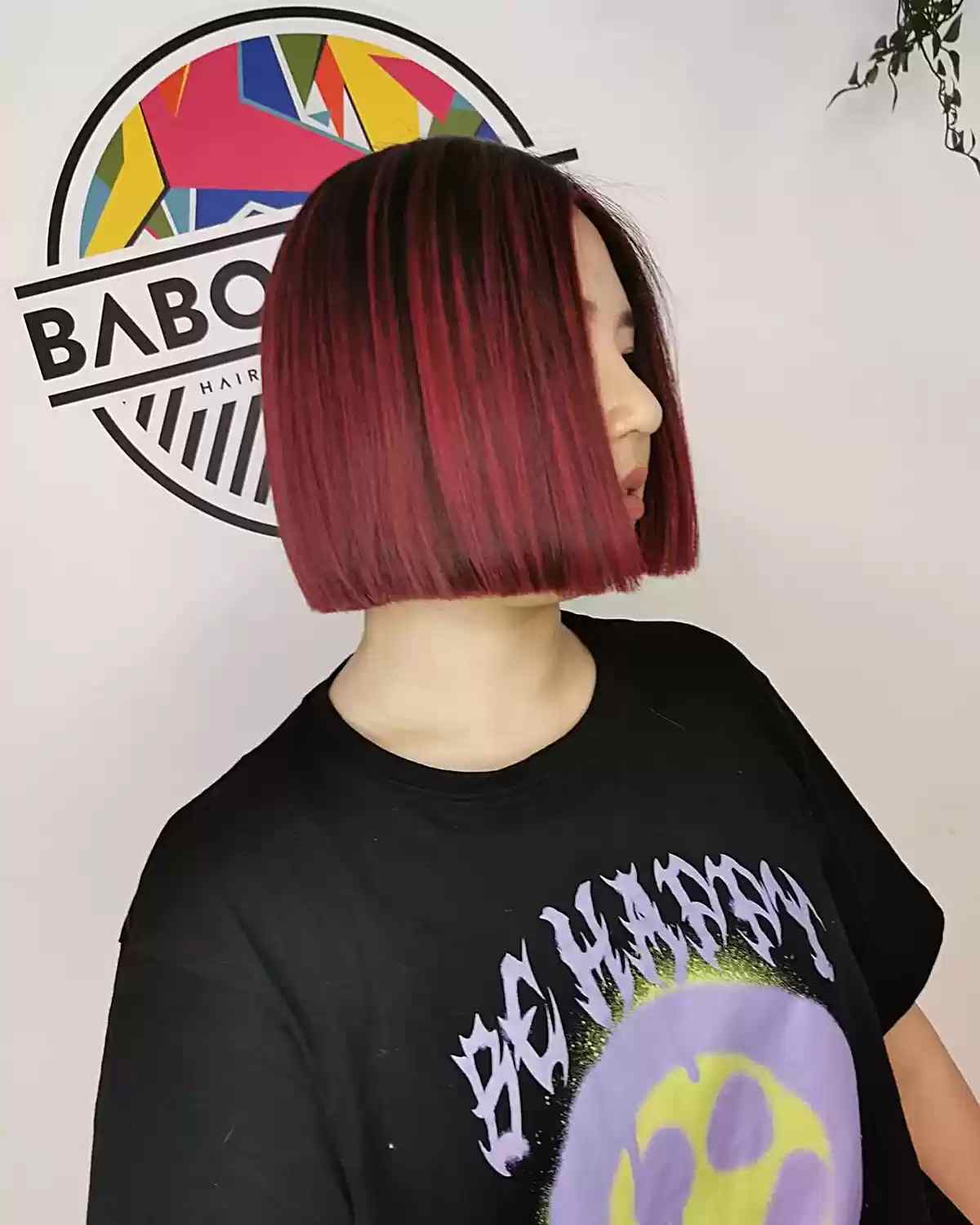 Short Red Box Bob with Black Roots