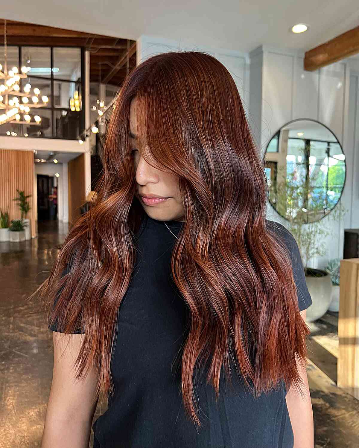 Long Hair with Red Copper Auburn Balayage Babylights