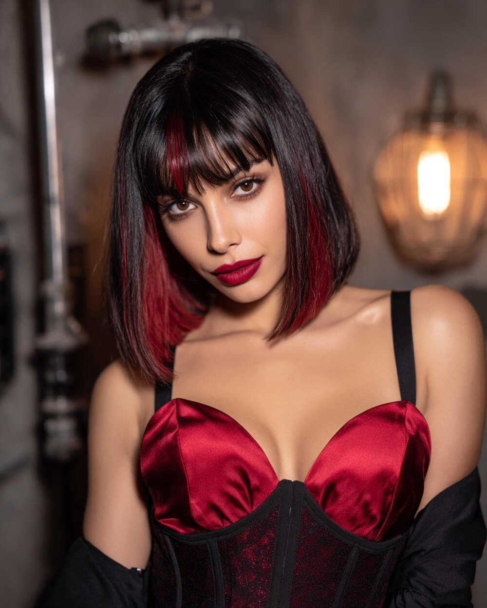Blunt bob with red-dipped ends and micro bangs, bold Halloween haircut