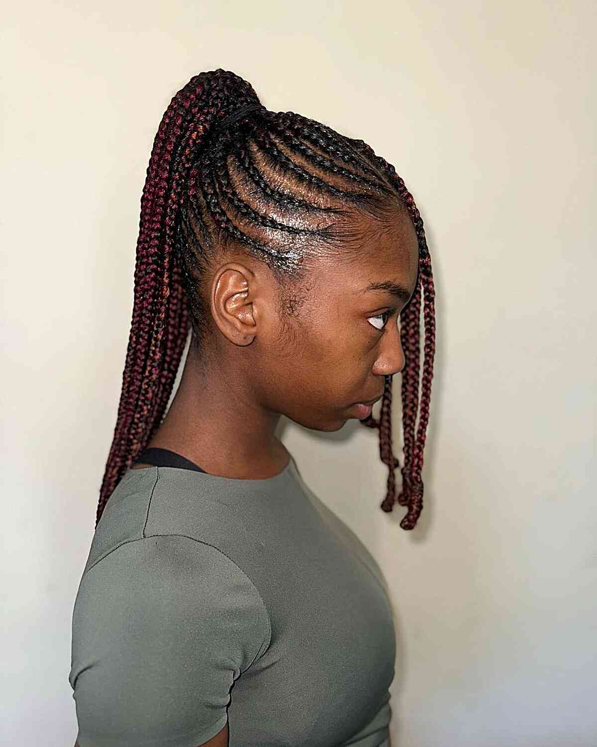 Long Red Feed-in Knotless Braids with Ponytail and Long Side Bangs