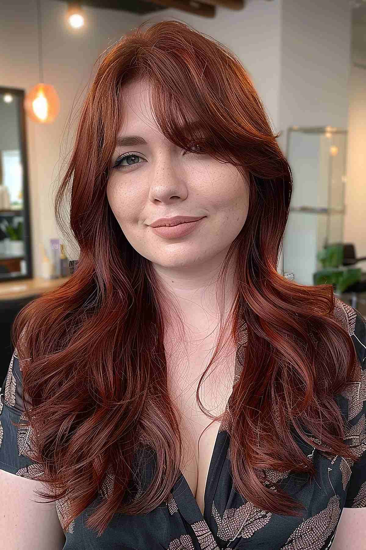 Red hair foxy cut with soft layers and curtain bangs for medium to thick hair