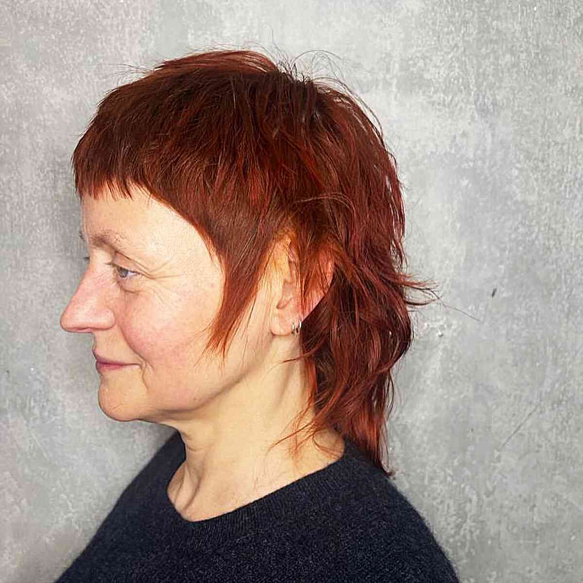 Red Mini Mullet with Baby Bangs for Fall Season and 60-year-olds