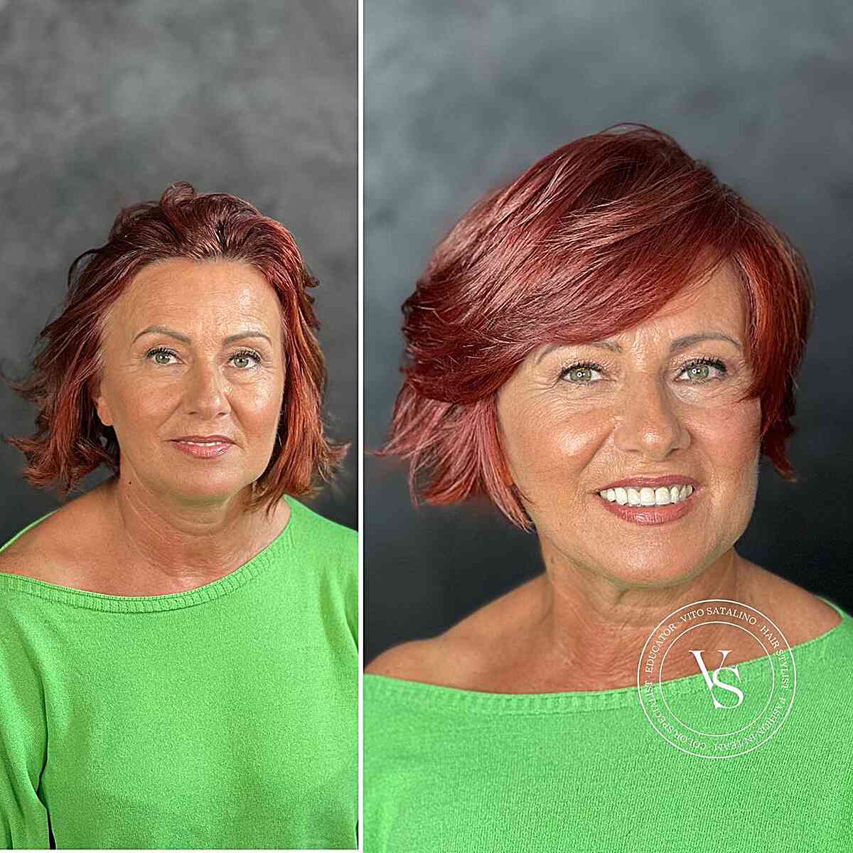 Red Sweeping Bob Hairstyle for Ladies Aged 50