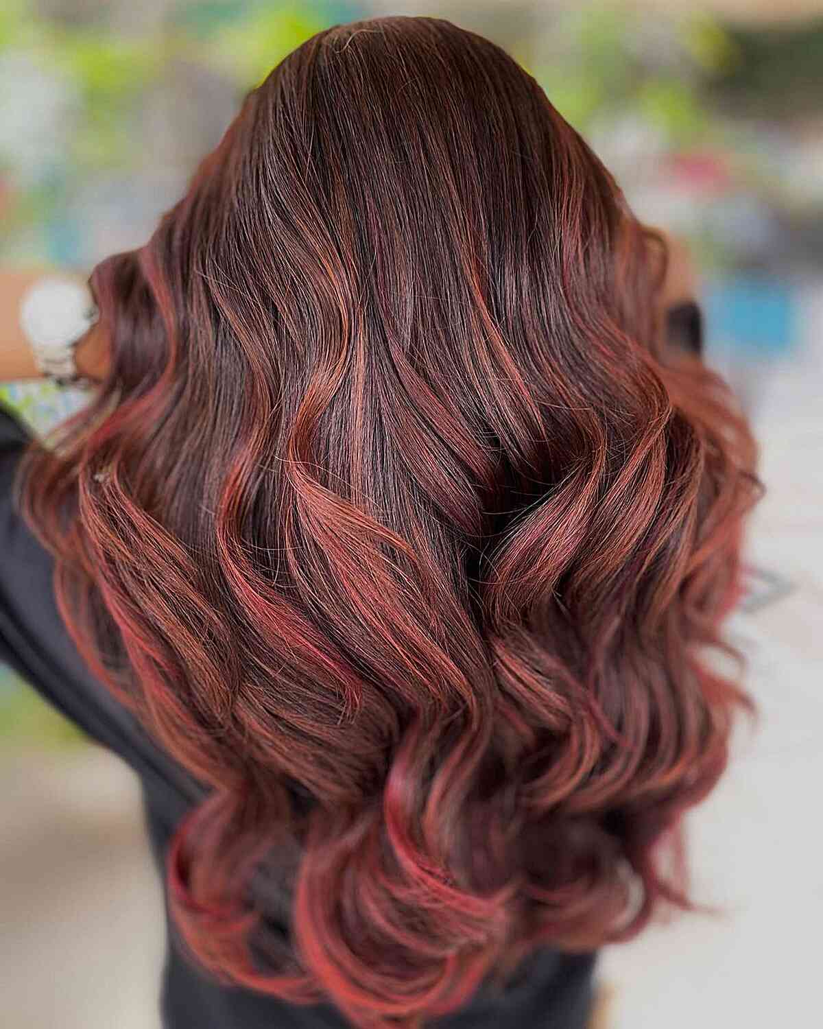 Red Velvet Balayage Chocolate Tones on Long, Thick Hair