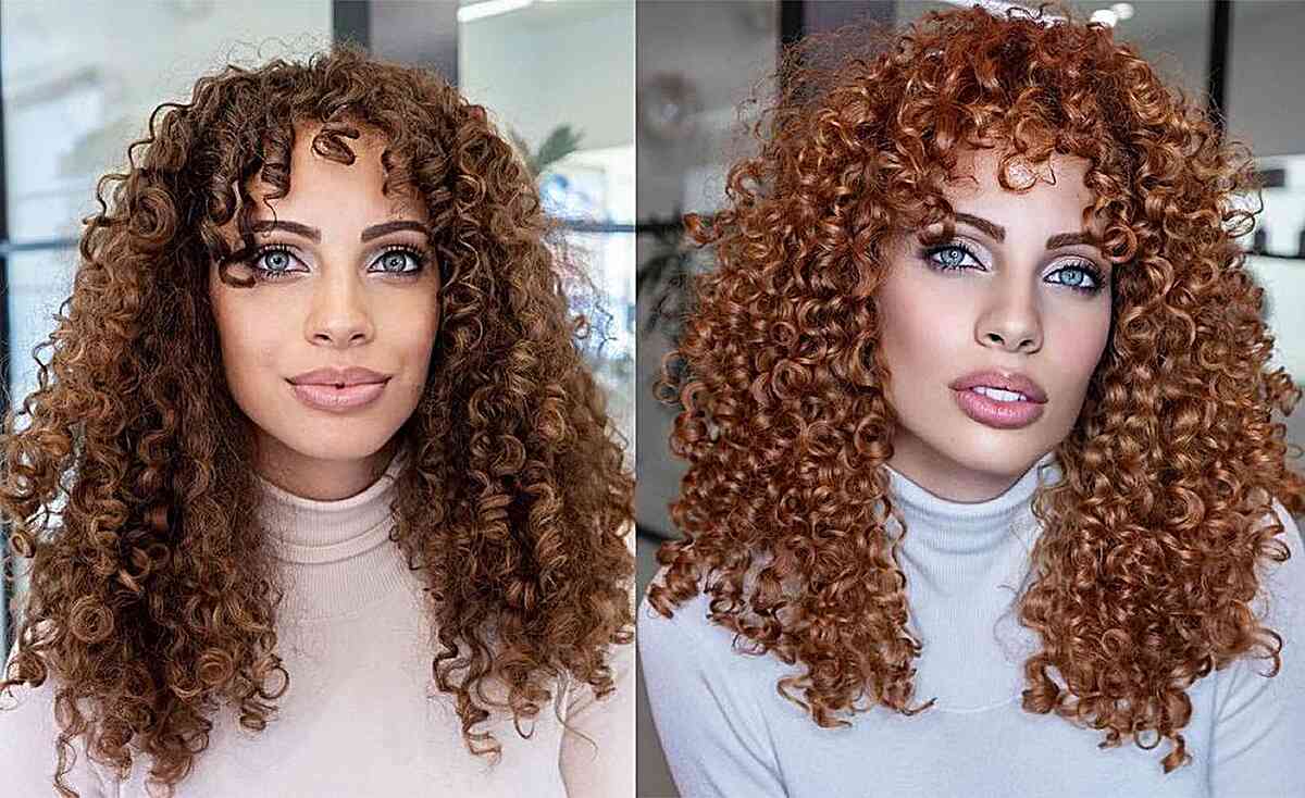 Reddish Brown Healthy-Looking Curls with Short Bangs for mid-length hair