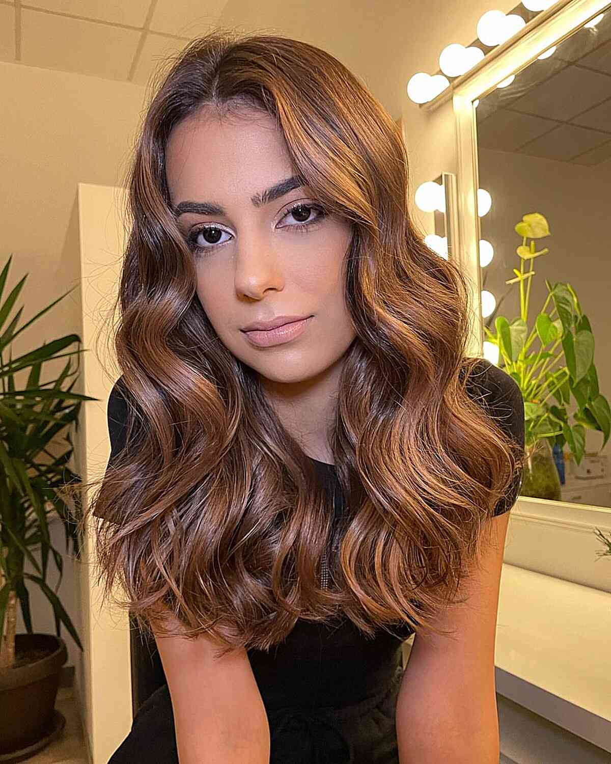 Reddish Golden Brown Hair Color with Medium-Length Soft Waves