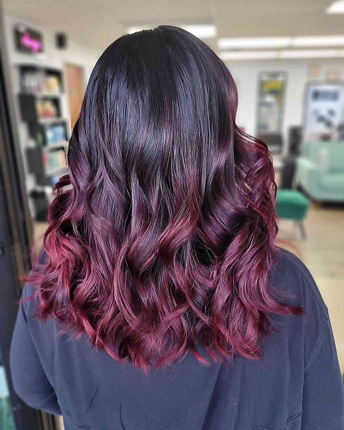 Reddish Purple Burgundy Balayage Ombre on Medium-Length Hair