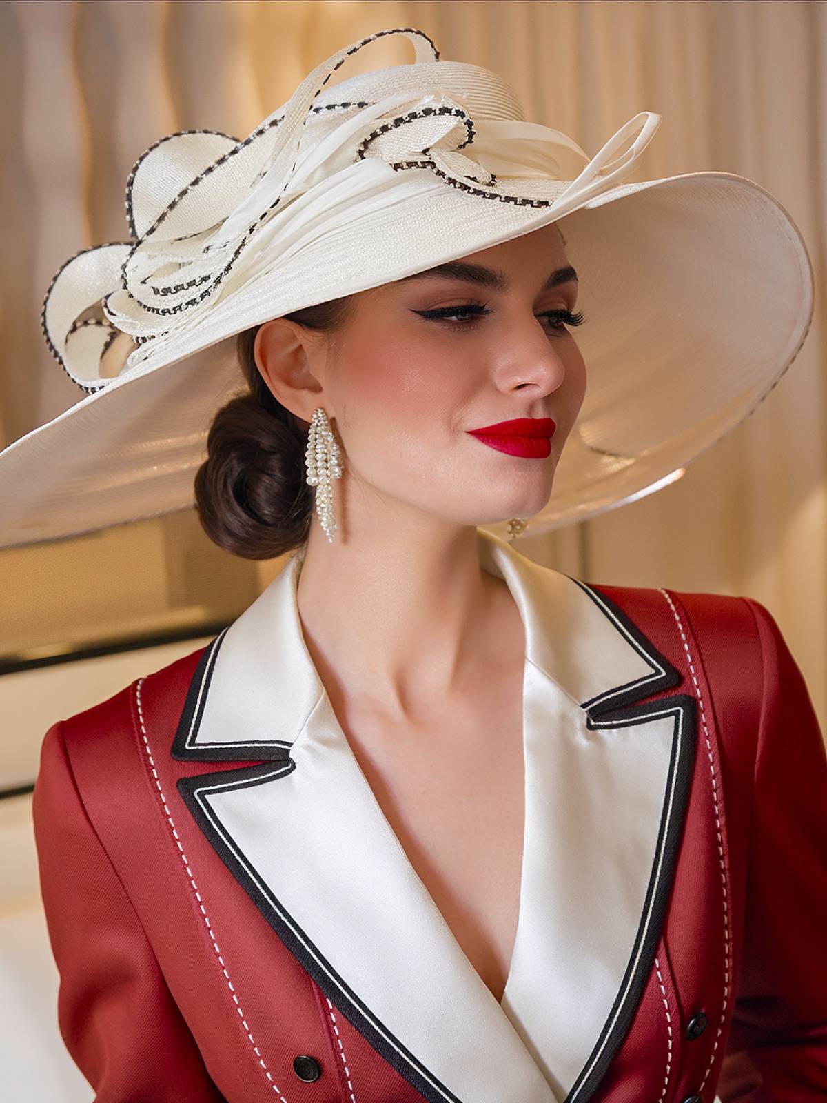 Low chignon with wide-brim derby hat