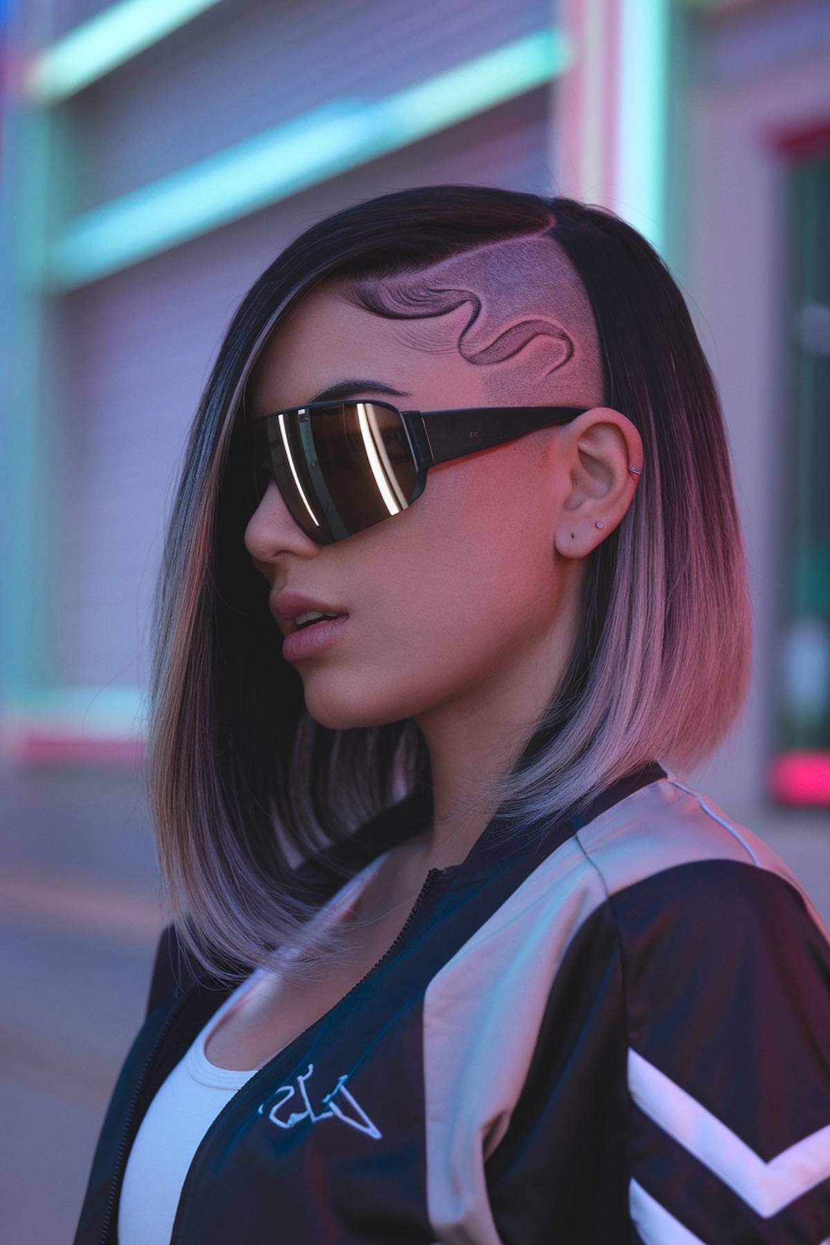 Bold Latina reggaetón-inspired bob with an undercut design and sleek, straight styling for a futuristic edge