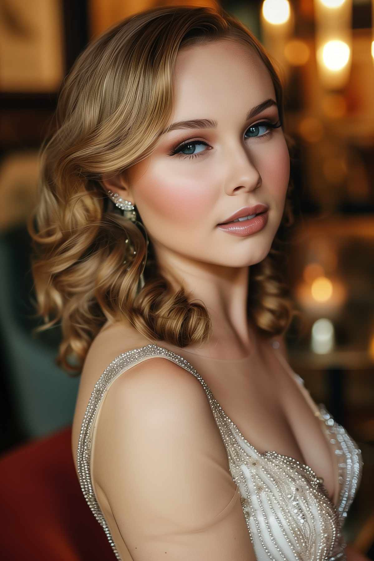Elegant woman with retro waves styled in a side sweep, enhancing her classic glamour look in an ornate setting.