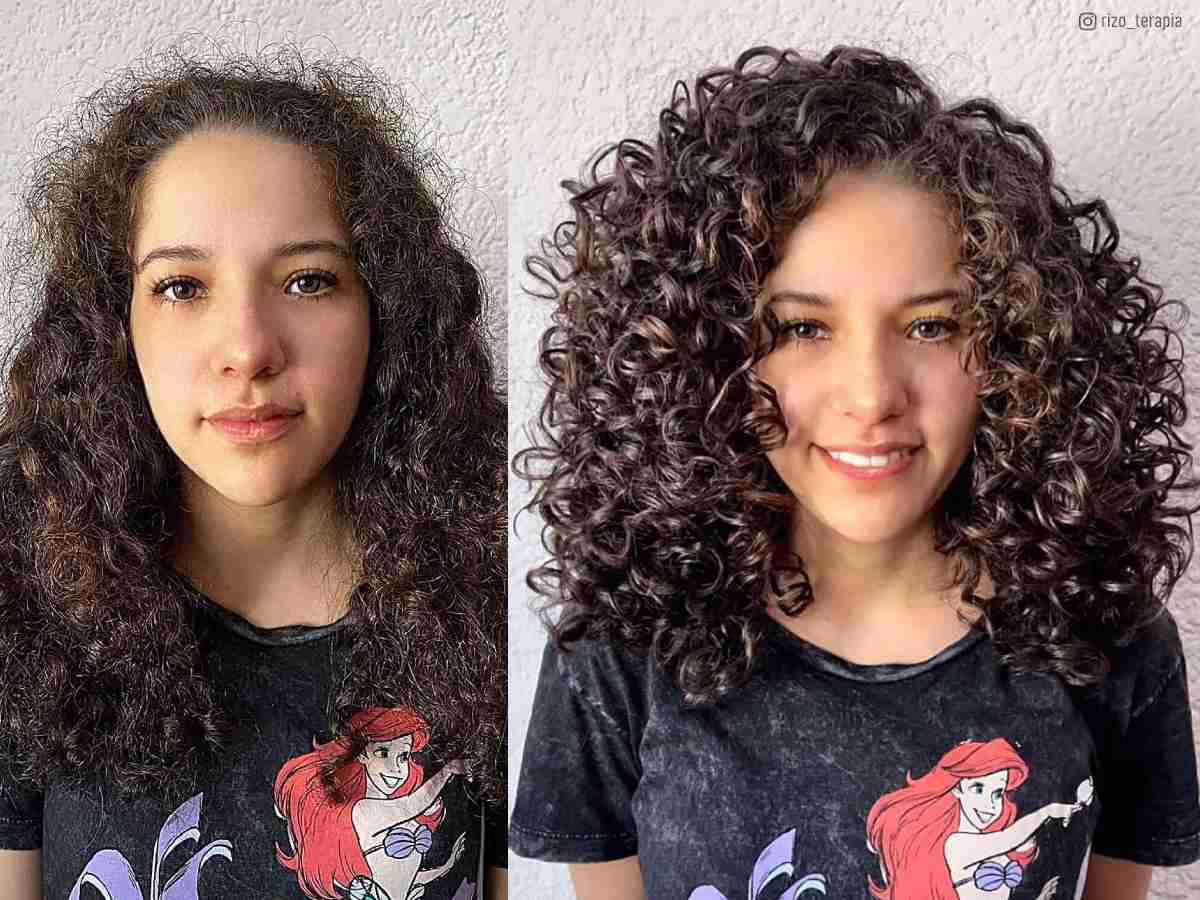 Rezo cut before and after makeover on a woman with curly hair