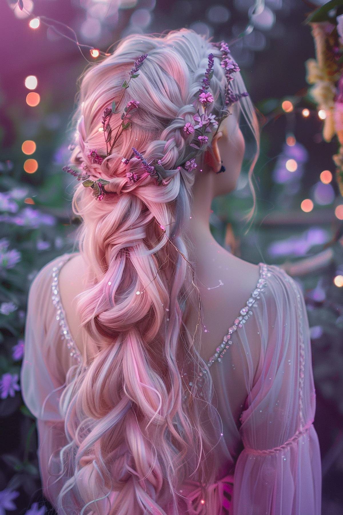 Intricate braids with soft lavender tones on long hair