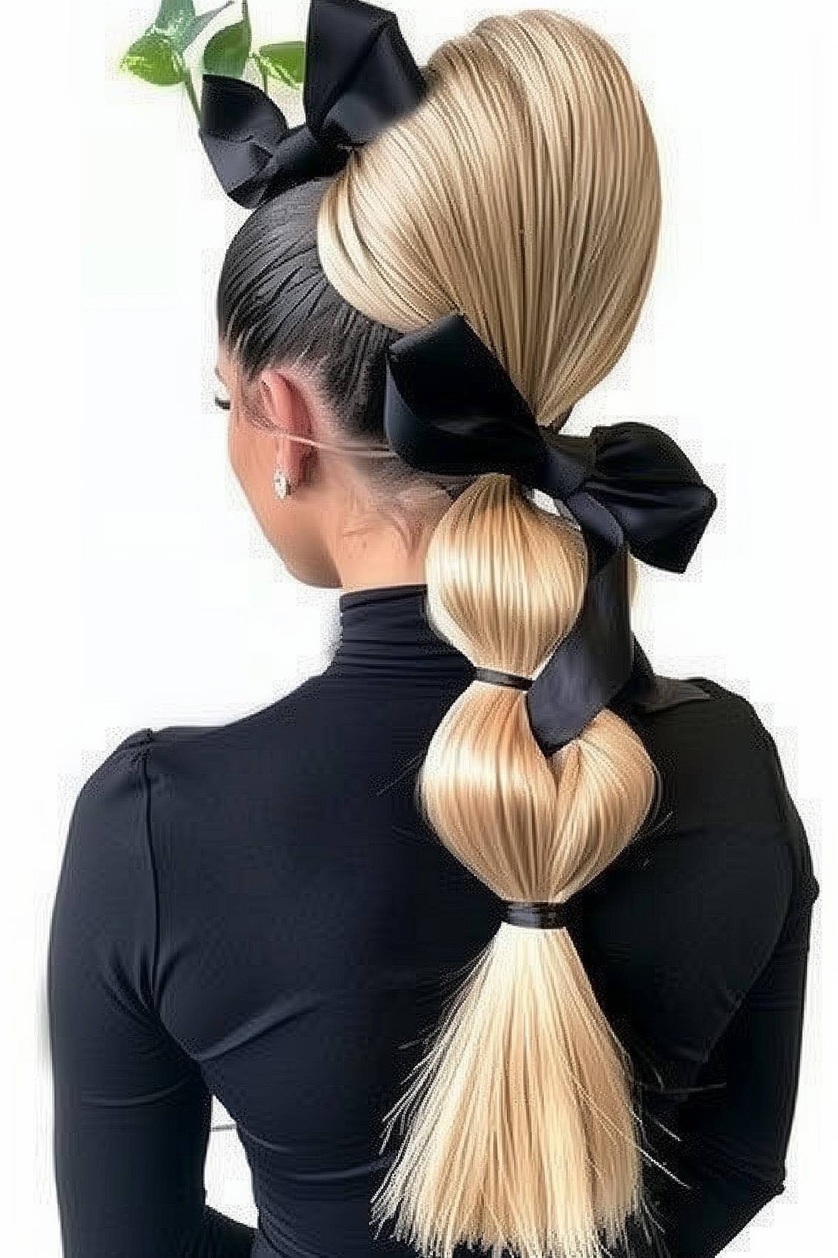Long straight hair with ribbon-enhanced bubble braids, adding an elegant and sophisticated touch to the hairstyle.