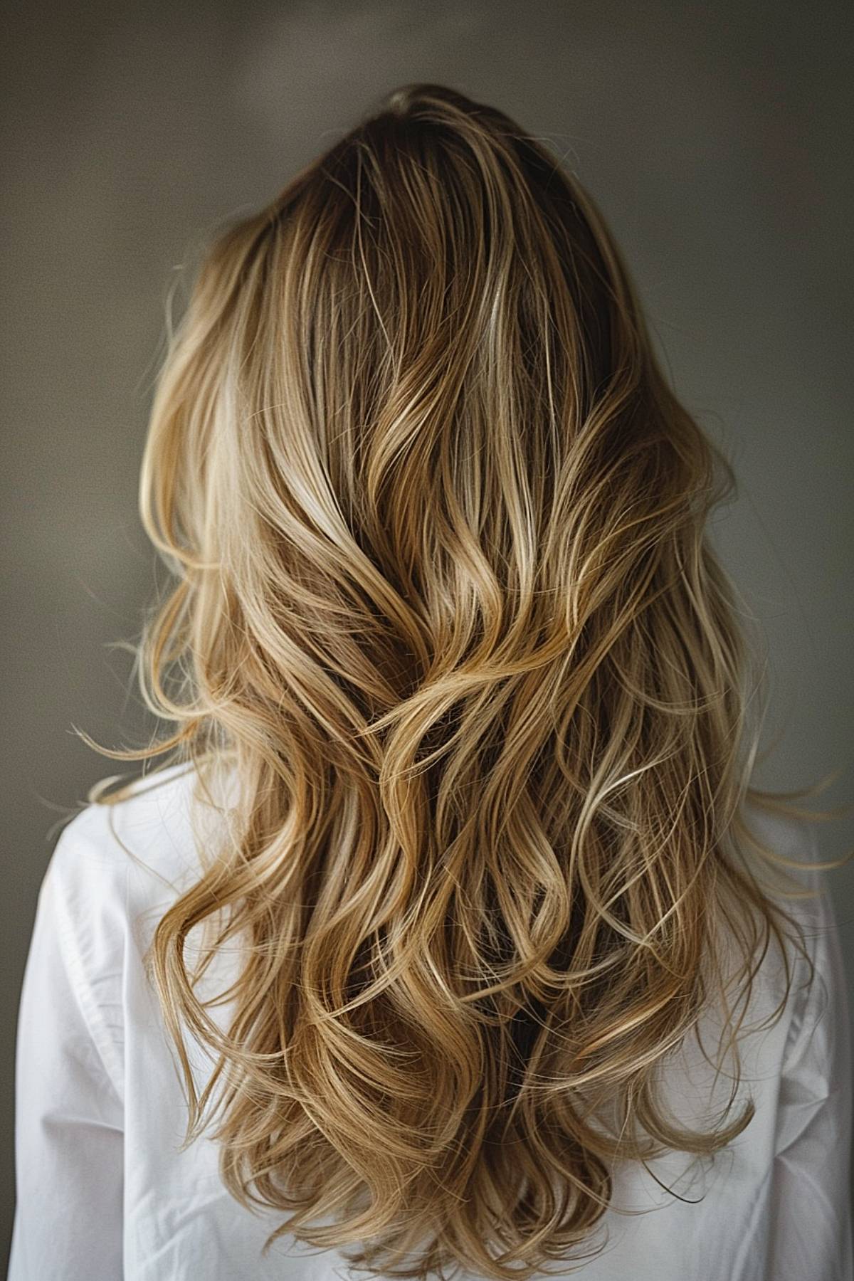 Long layered waves with blonde balayage for volume