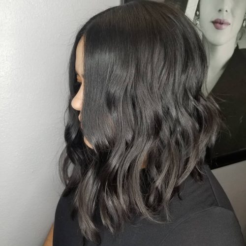 Picture of a jet black blunt shoulder-length hairstyle