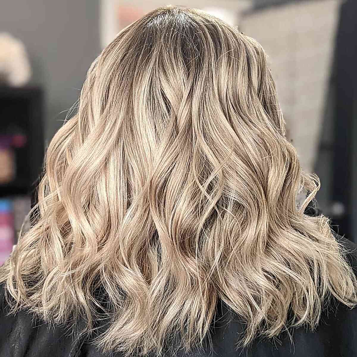 Rich Creamy Warm Blonde Balayage for Dark Roots and Mid-Length Cut