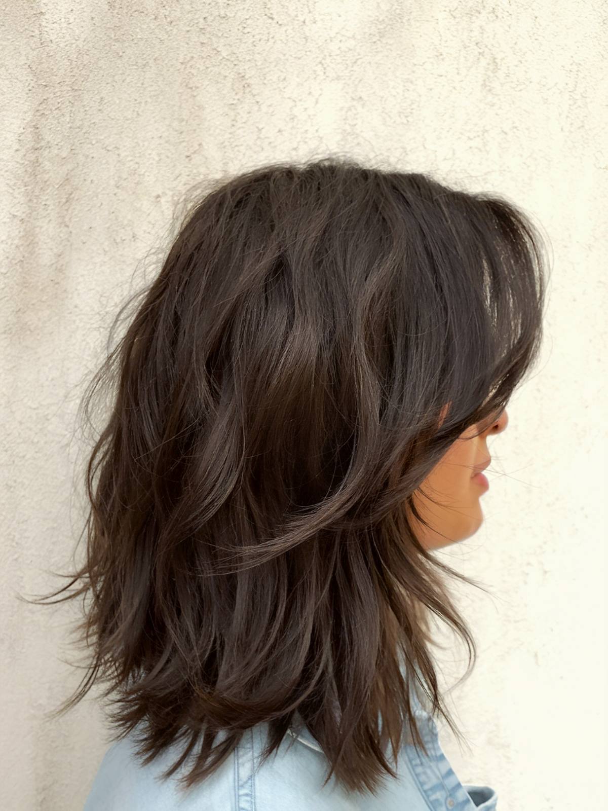 Dark brown shag haircut with face-framing layers