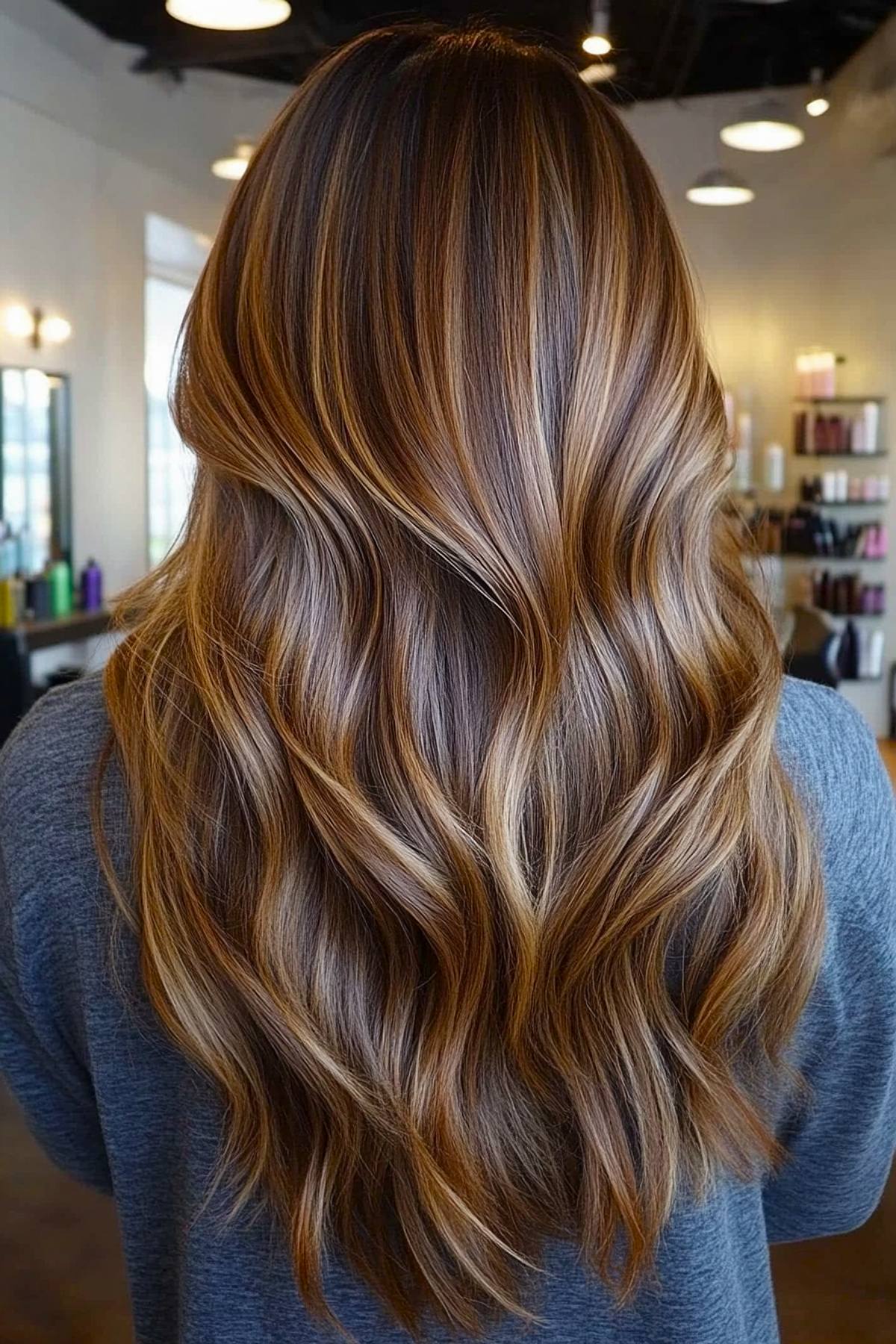 Hazelnut caramel balayage on brunette hair for a warm effect