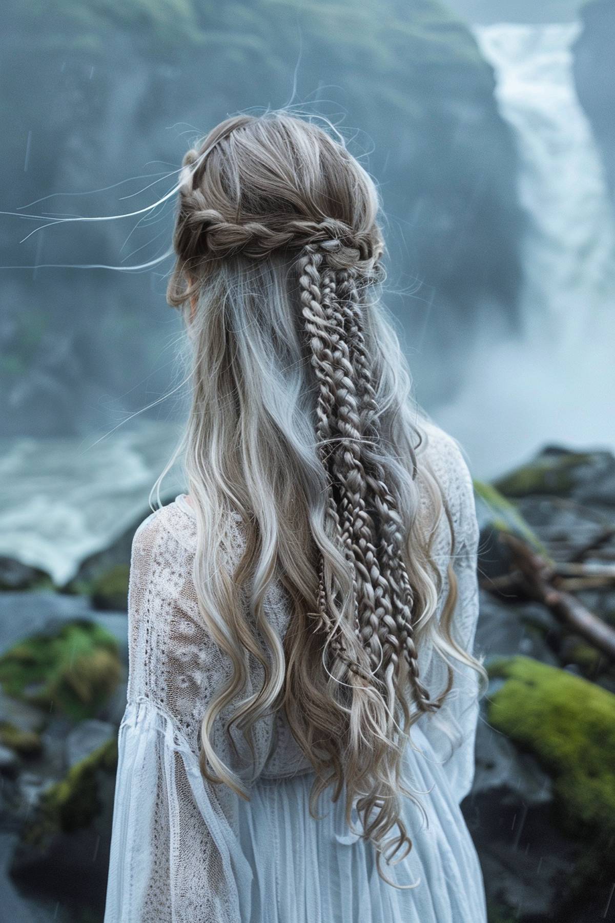 Intricate braided crown with cascading waves for long hair 