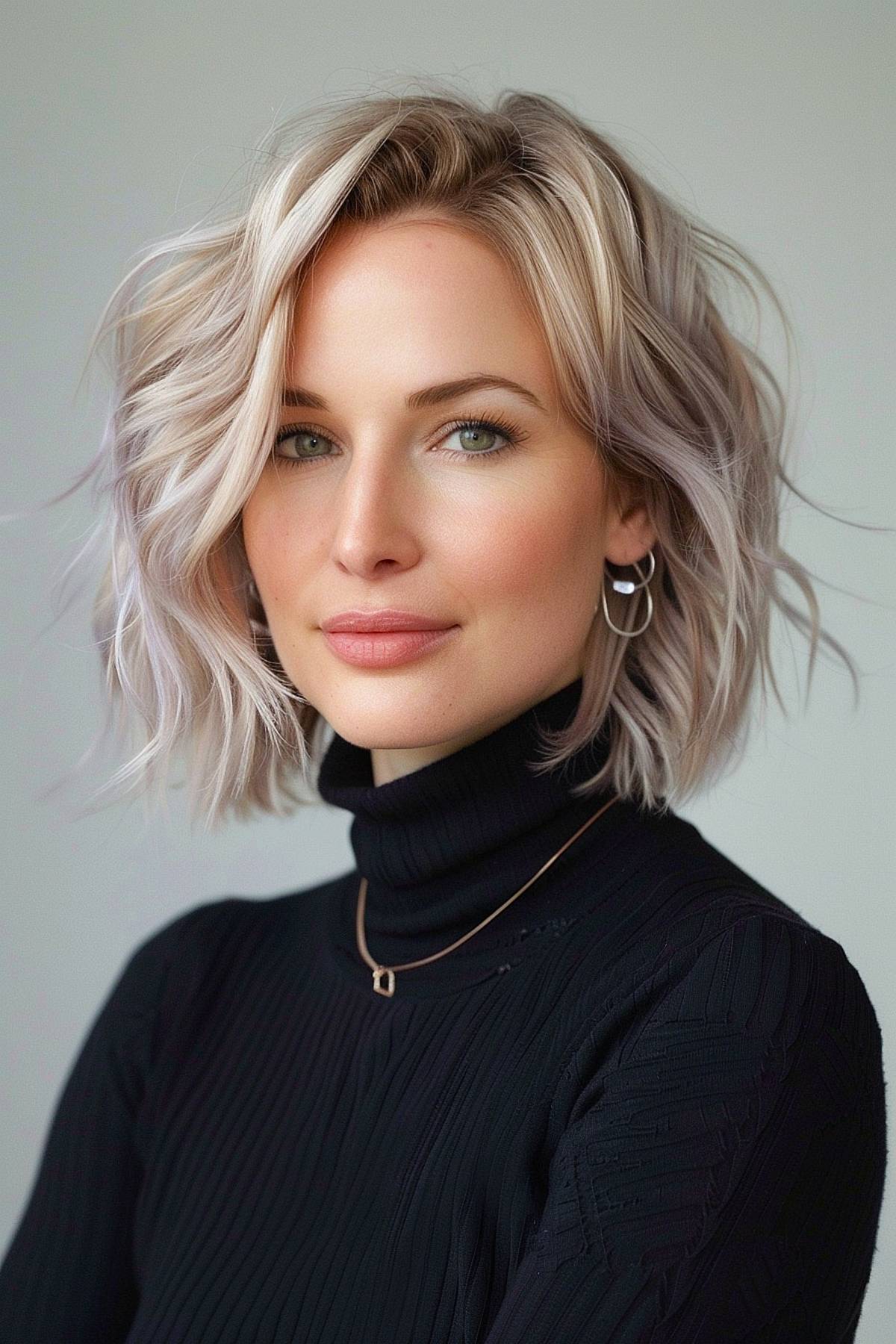 Neck-length icy blonde wavy hairstyle