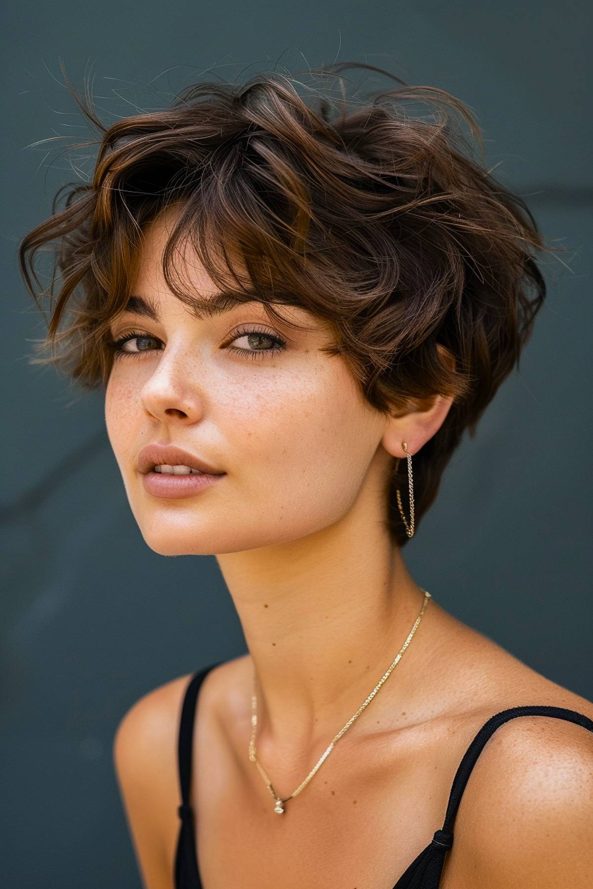 Short wavy haircut with layers and curtain bangs