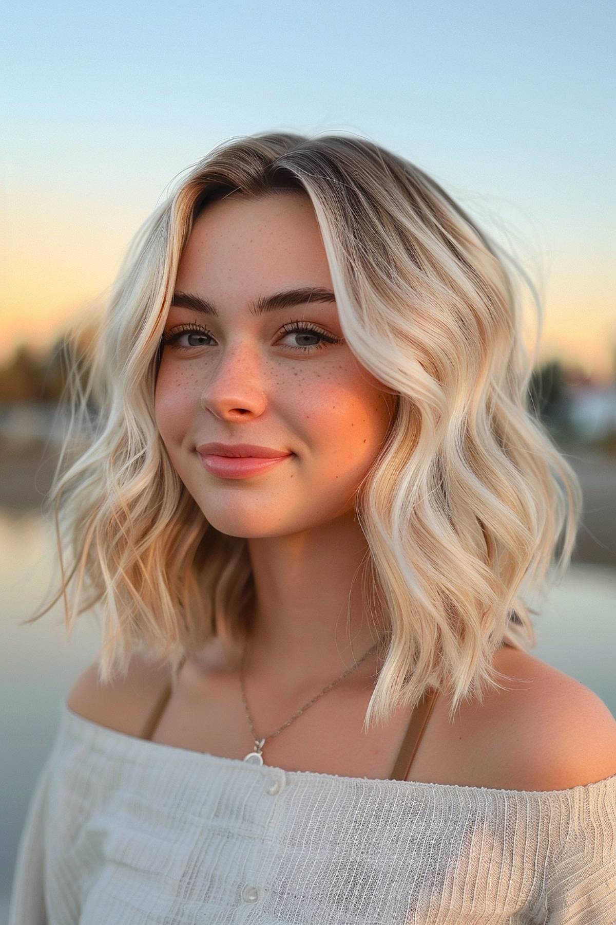 Ripplecut haircut with shoulder-length beachy waves and blonde highlights for a natural look