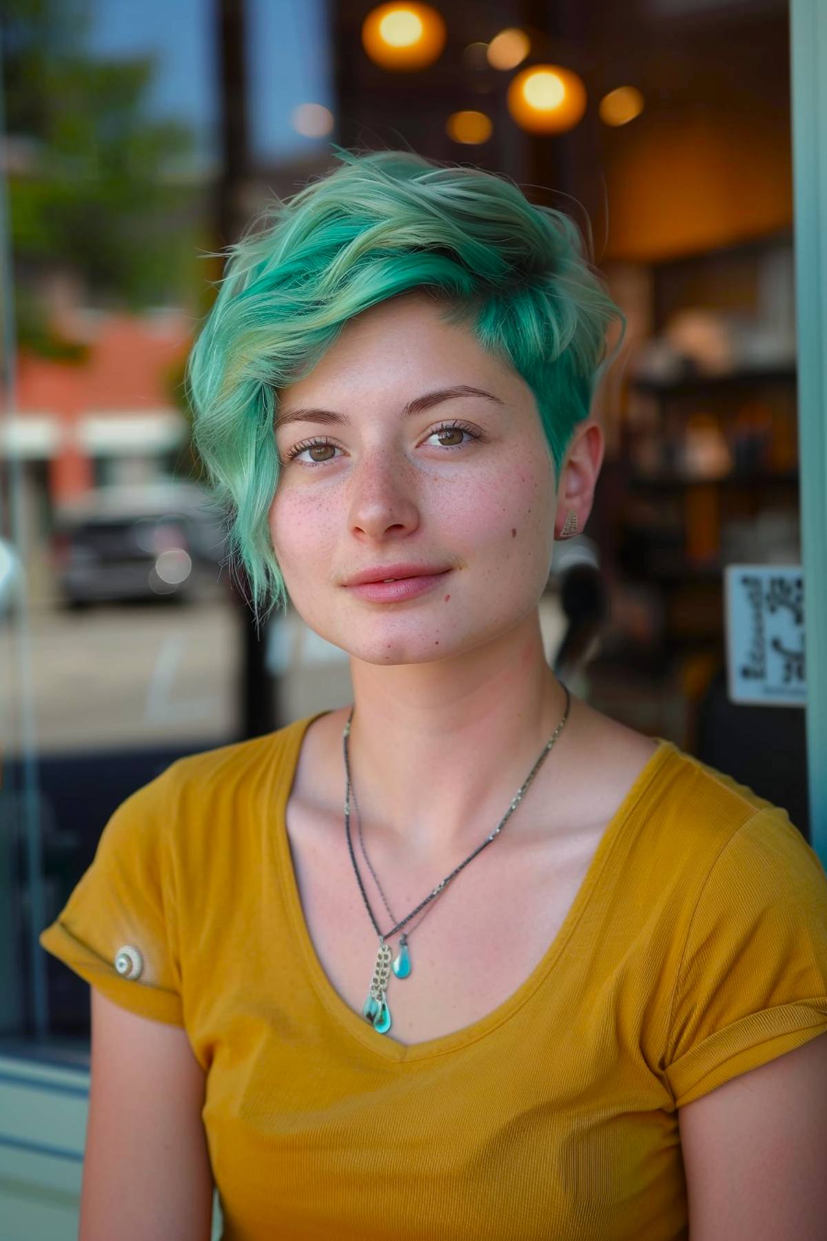 Ripplecut pixie hairstyle featuring bright green tones and wavy texture