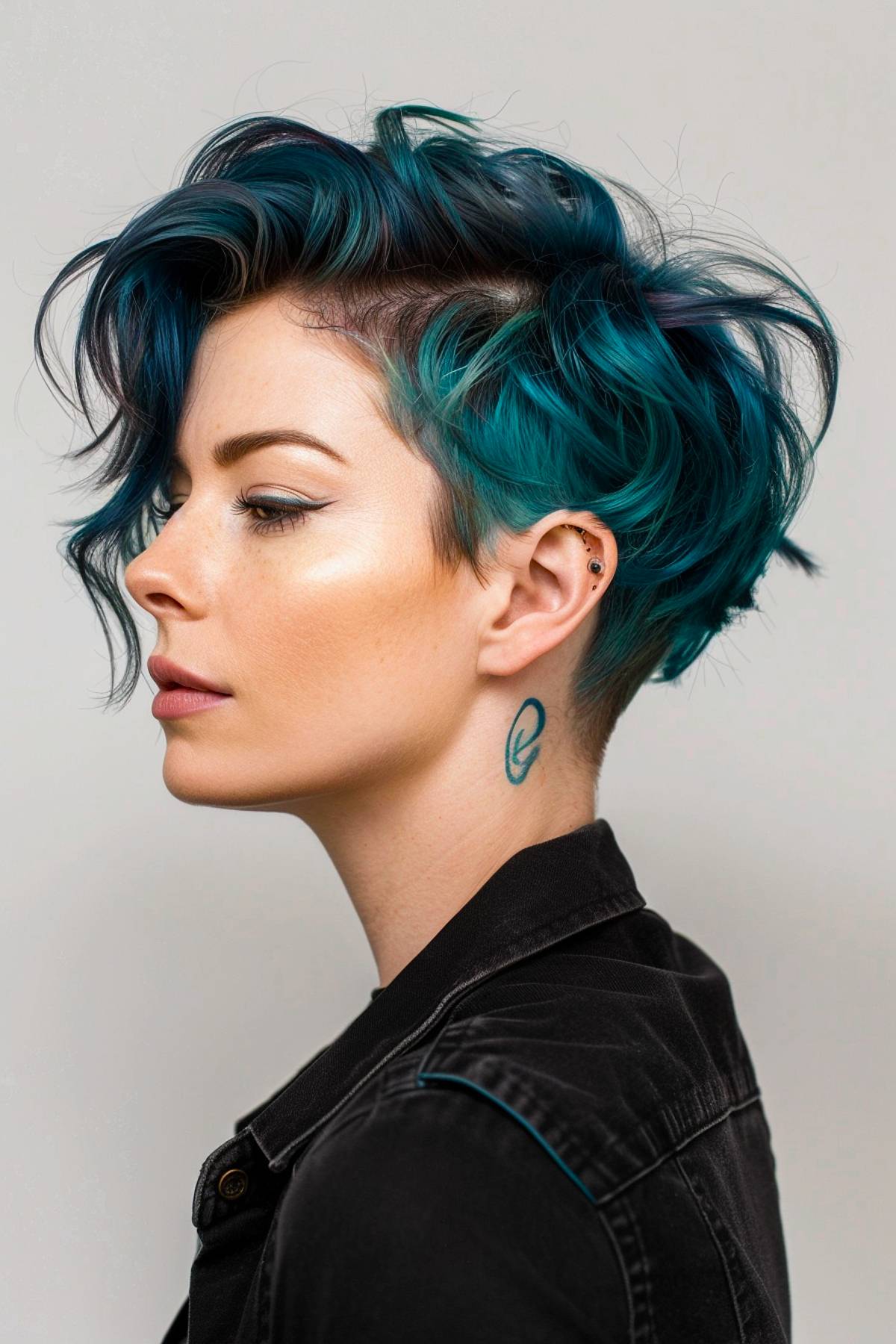 Teal wavy pixie haircut with undercut and layered top