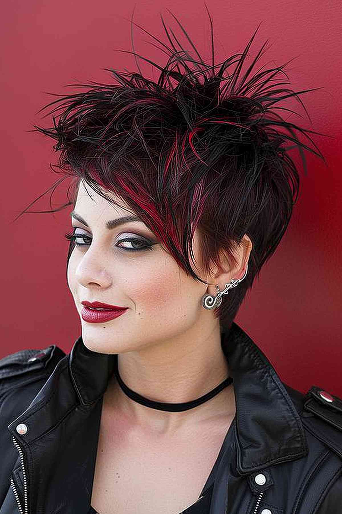 Rock-inspired punk pixie cut with spiky black layers and dramatic red highlights, designed for a bold, voluminous look.