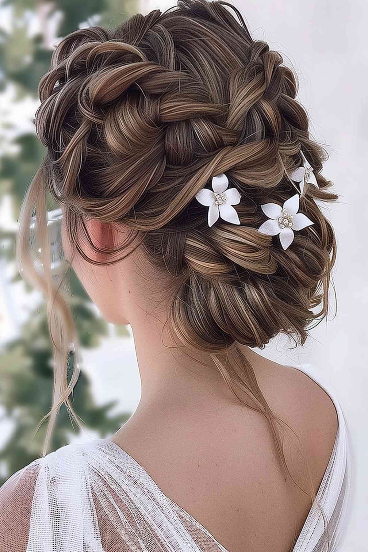 Romantic bridal updo with braids and white floral accessories
