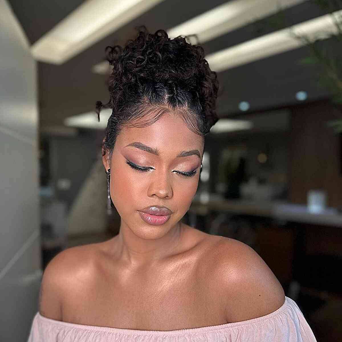 Romantic Curly Updo with Sleek Edges for Black Ladies