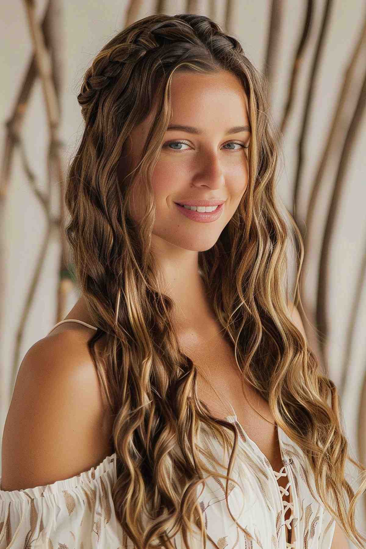 Romantic half-up braided style for wavy hair with loose waves